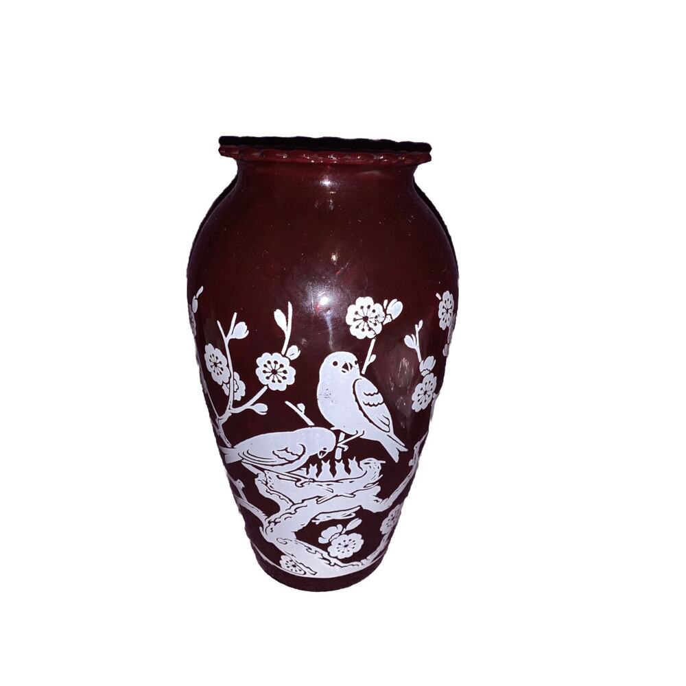 Vintage Anchor Hocking Ruby Red Vase, Hoover pattern of birds and flower